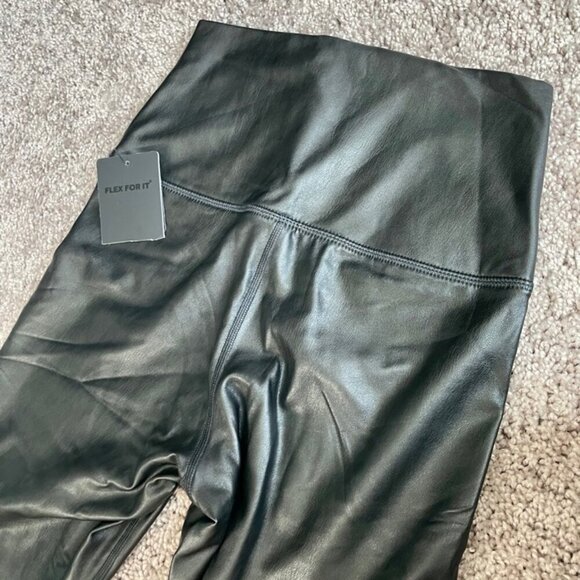 MOTO LEGGINGS FAUX LEATHER BLACK EMO HIGH RISE FREE WAISTBAND ANKLE LENGTH GOTH - Picture 10 of 13